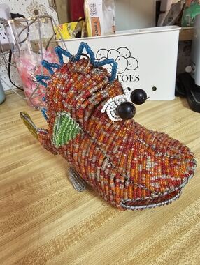 Beadworx Handcrafted Beaded Fish Sculpture Tropical Hanging Decor Funky Fish 9"